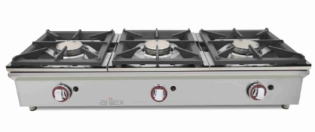 120CGN Cocina a gas sobremostrador ARILEX de 3 fuegos de 5,8 + 5,8 + 5,8 Kw